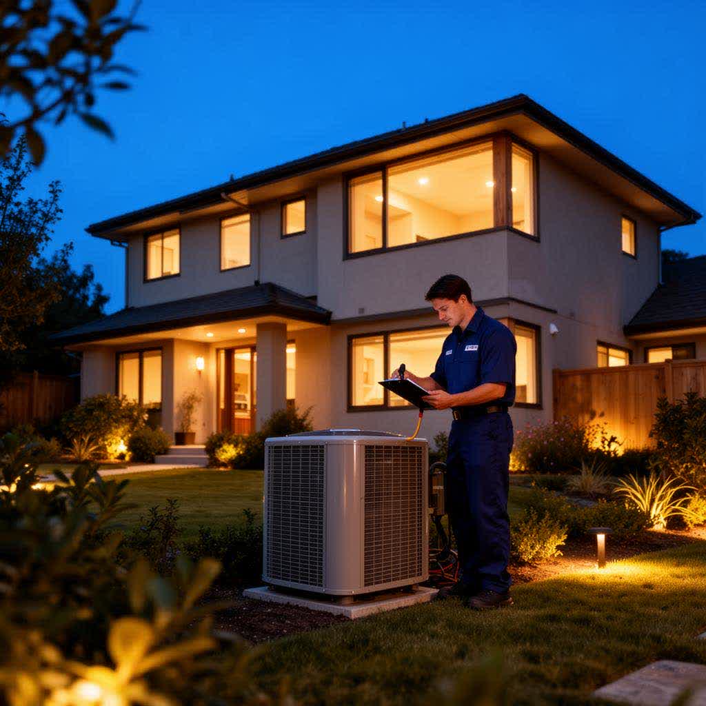 HVAC technician inspecting a modern outdoor AC unit at twilight